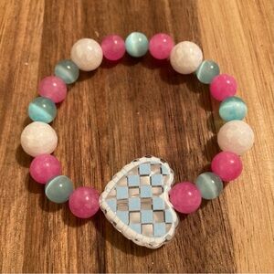 Handmade Pink and Blue Beaded Bracelet with Heart Charm